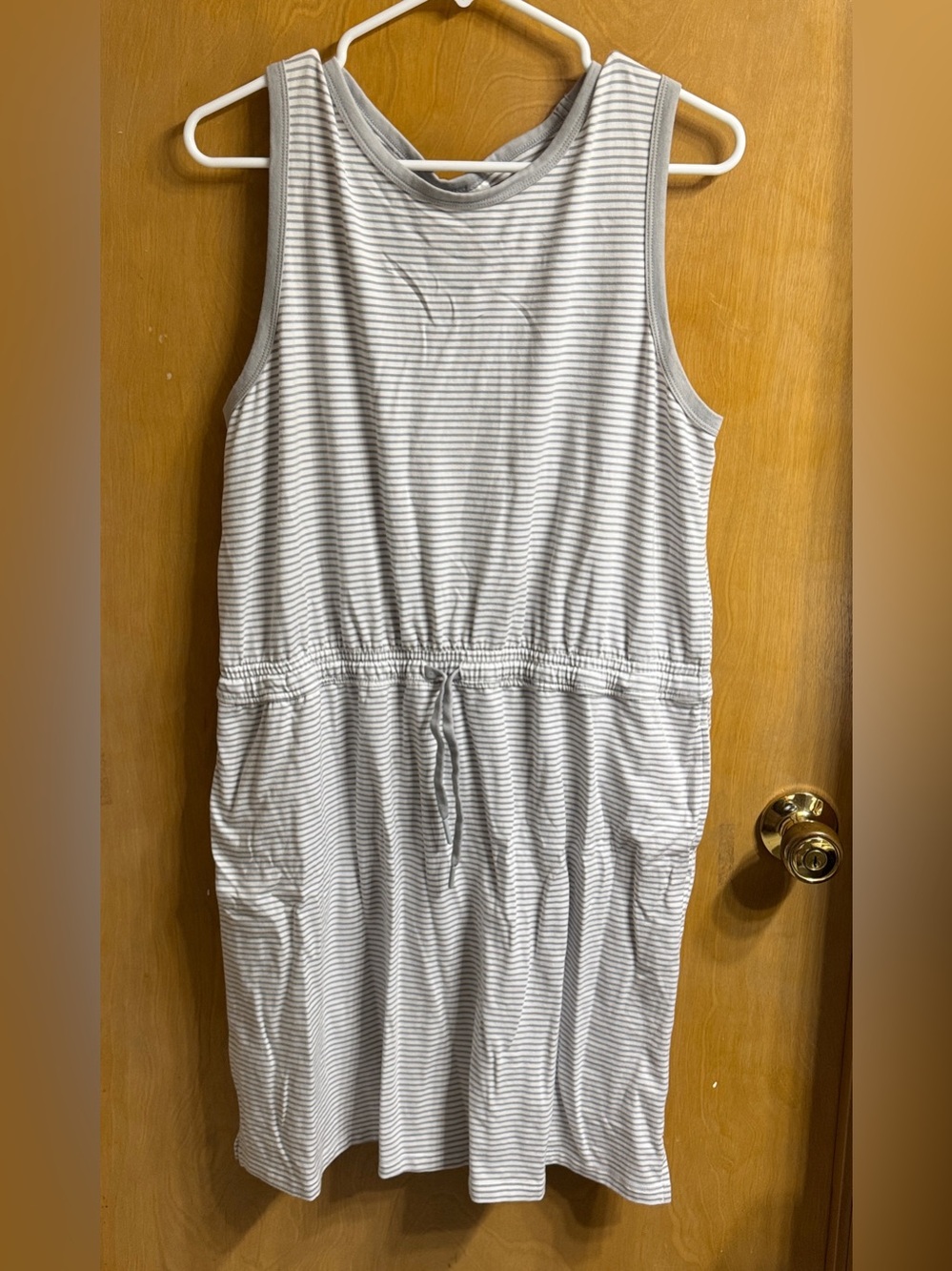 Casual Sleeveless Striped Drawstring Midi Dress - Gray/White